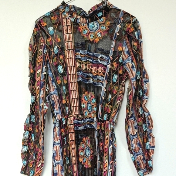 Zara Embroidered Mesh Sheer Midi Dress Hi-Lo Hem Long Sleeve with Slip Dress- S - Picture 4 of 16